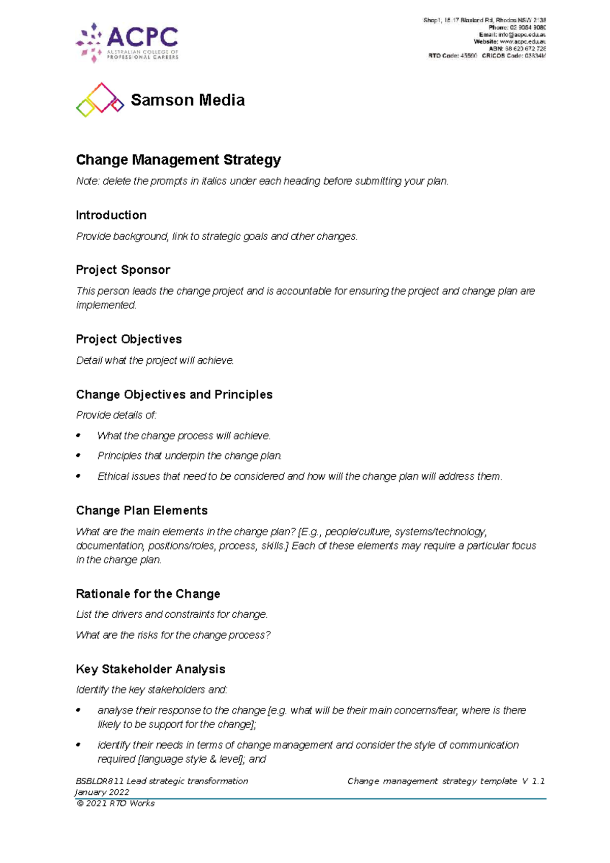 BSBLDR811 Change Management Strategy Template Guide - Studocu