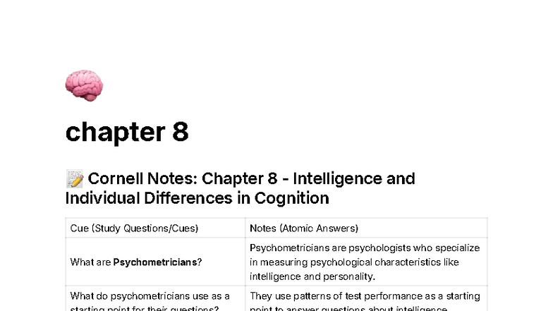 Chapter 8 Study Notes: Intelligence and Cognitive Differences - Studocu