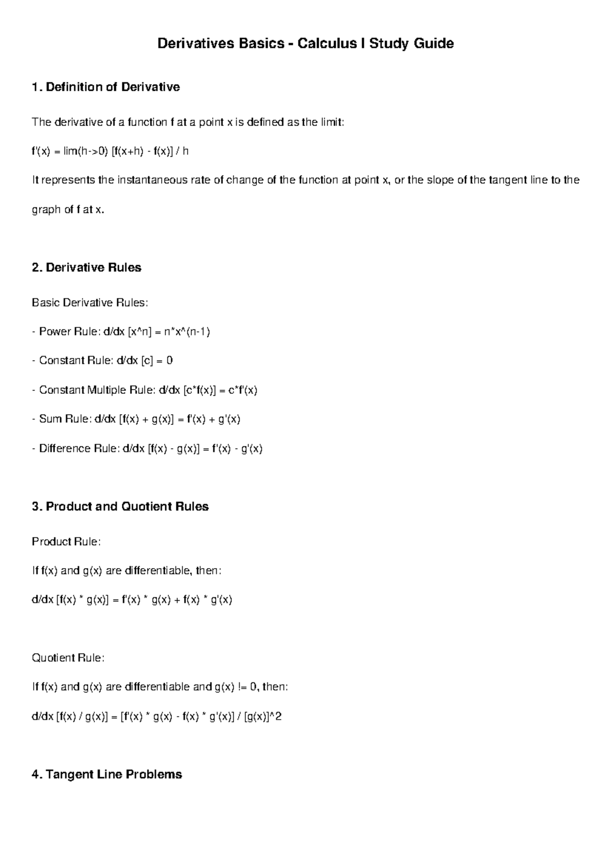 Calculus I Derivatives Basics Study Guide: Key Concepts & Rules - Studocu