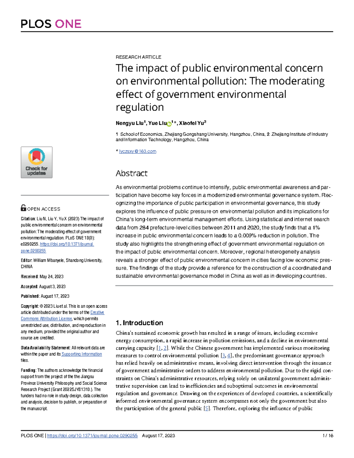 The Impact of Public Environmental Concern on Pollution: A Study (PLOS ...