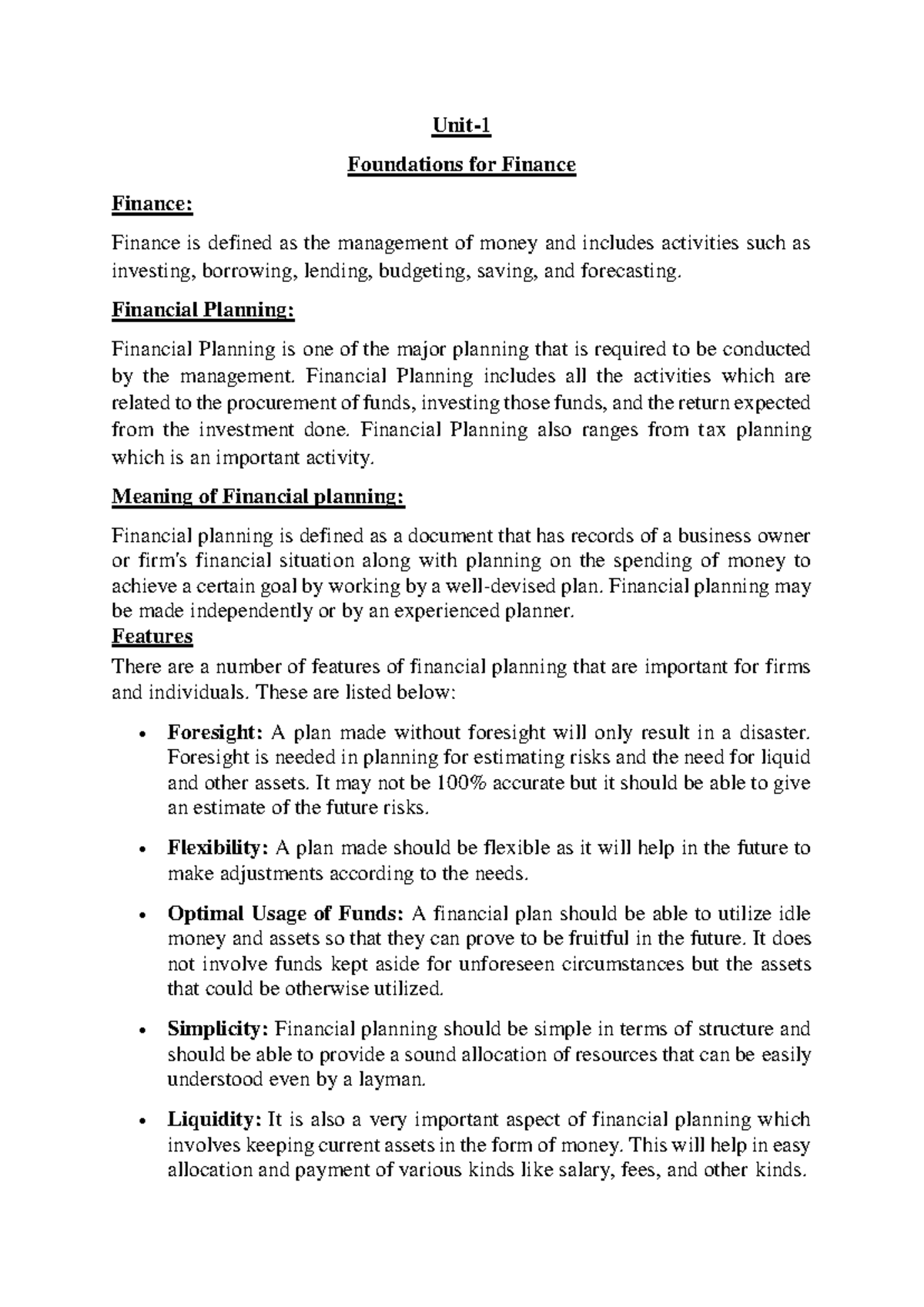 Unit-1: Foundations of Finance - Key Concepts and Planning - Studocu