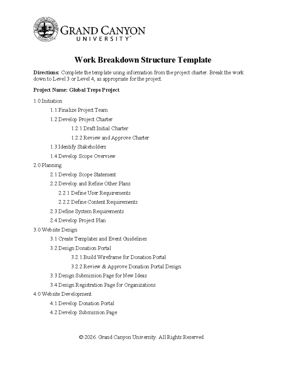 BIT 415 RS Work Breakdown Structure Template for Global Treps Project ...