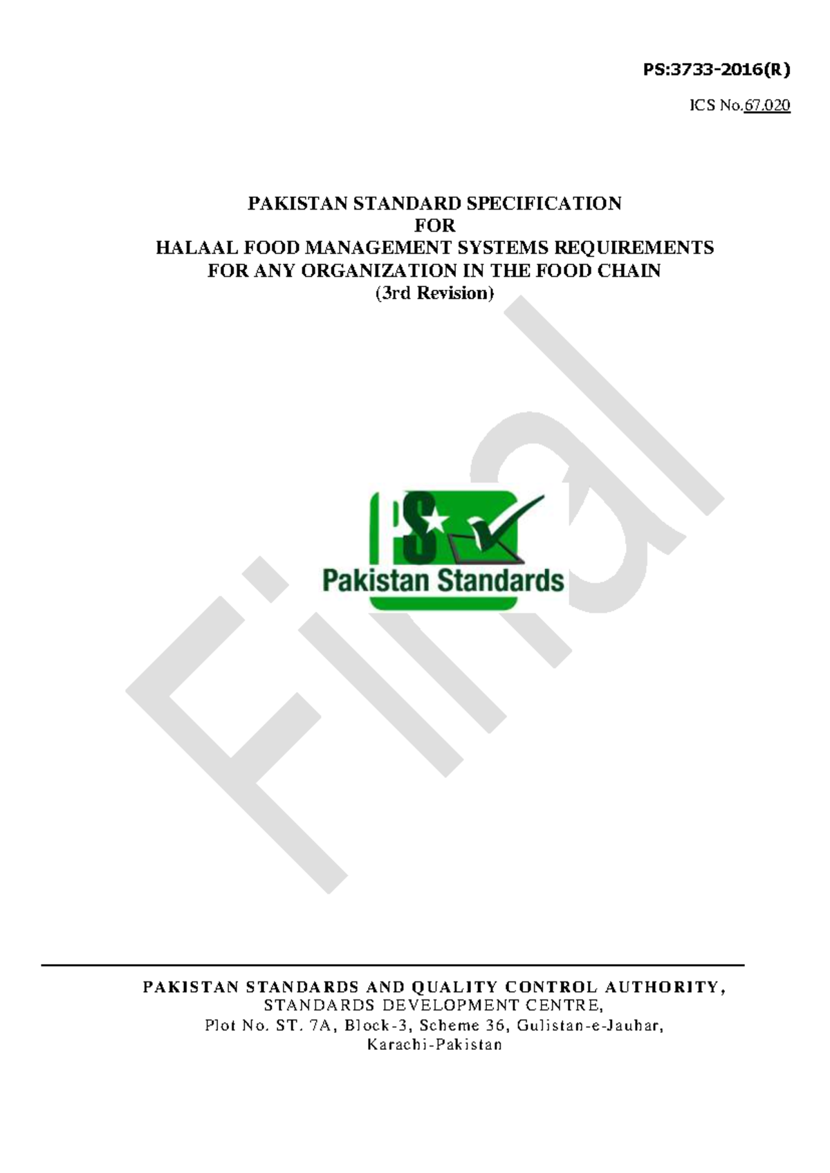 ICS No.67: Pakistan Standard for Halaal Food Management Systems - Studocu