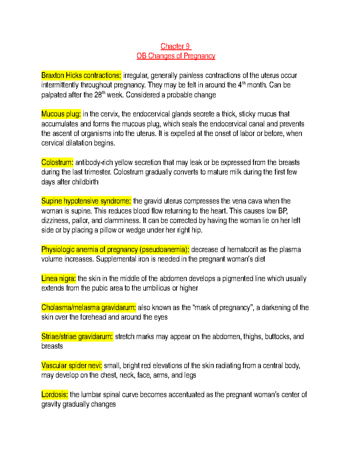 OB 101 Midterm Exam 1 Review: Key Concepts on Pregnancy Changes - Studocu