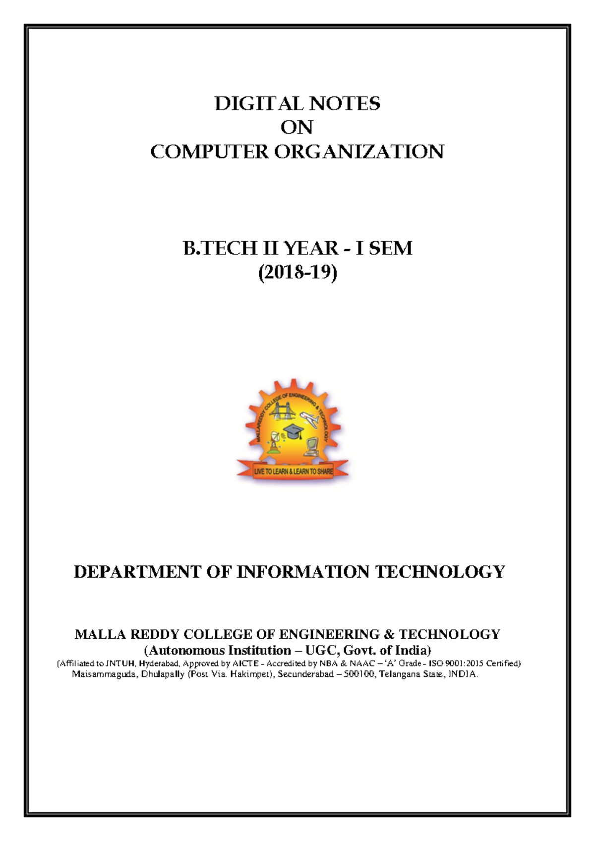 Computer Organization Notes for B II Year (R17A0510) - 2018-19 - Studocu