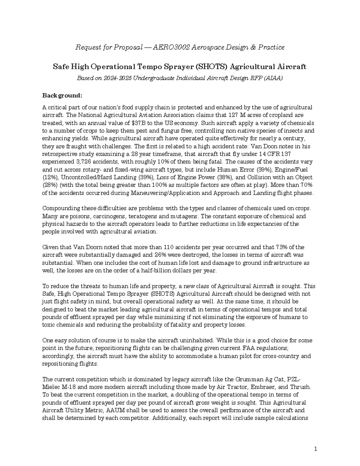 RFP (AERO3002) - Design Proposal for SHOTS Agricultural Aircraft - Studocu