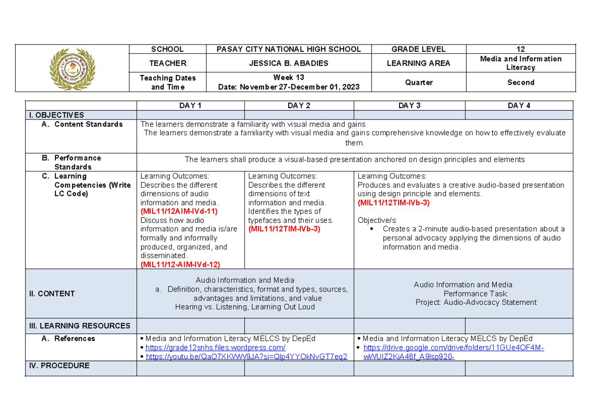 MIL 12 Q2 W13 - Lesson Plan on Media and Information Literacy - Studocu
