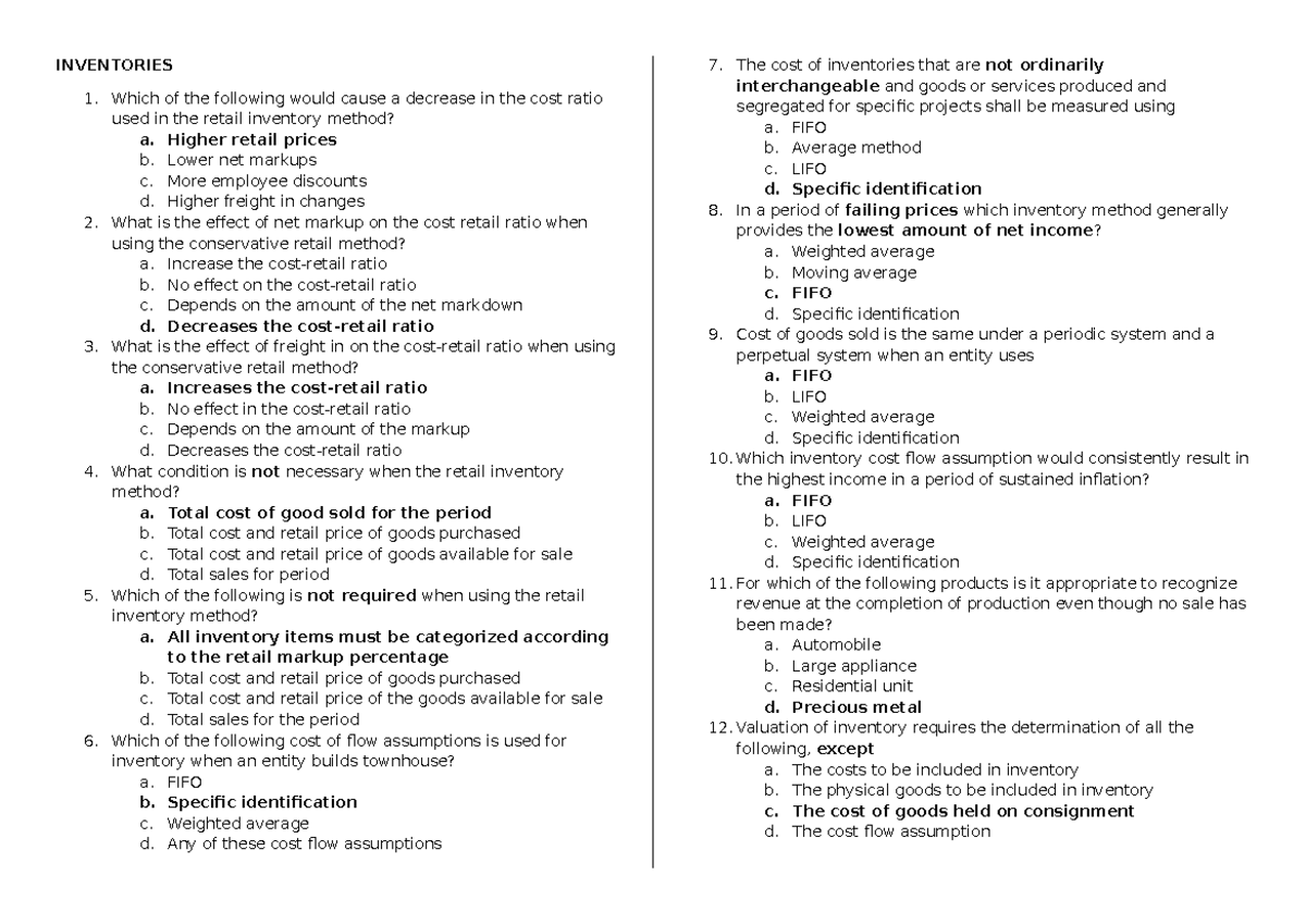 Inventories MCQs - ACC 101 Final Exam Study Guide - Studocu