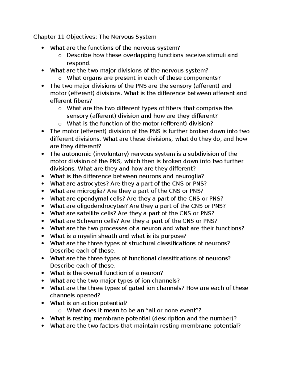 Midterm Study Notes for BIOL 105: Nervous System Functions and Neurons ...