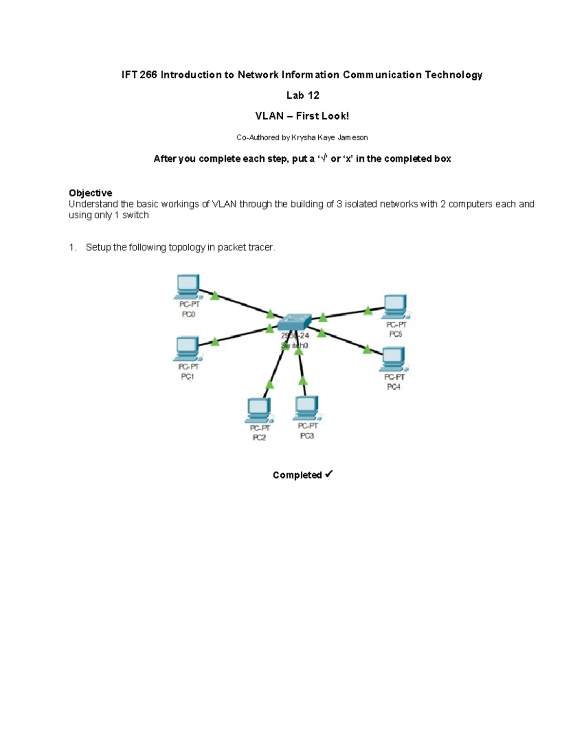 Lab 12 (VLAN - First Look) - IFT 266 Introduction to Network ...