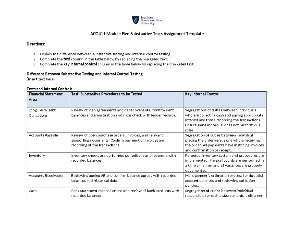 ACC 411 Module 5 Substantive vs. Internal Control Testing Assignment ...