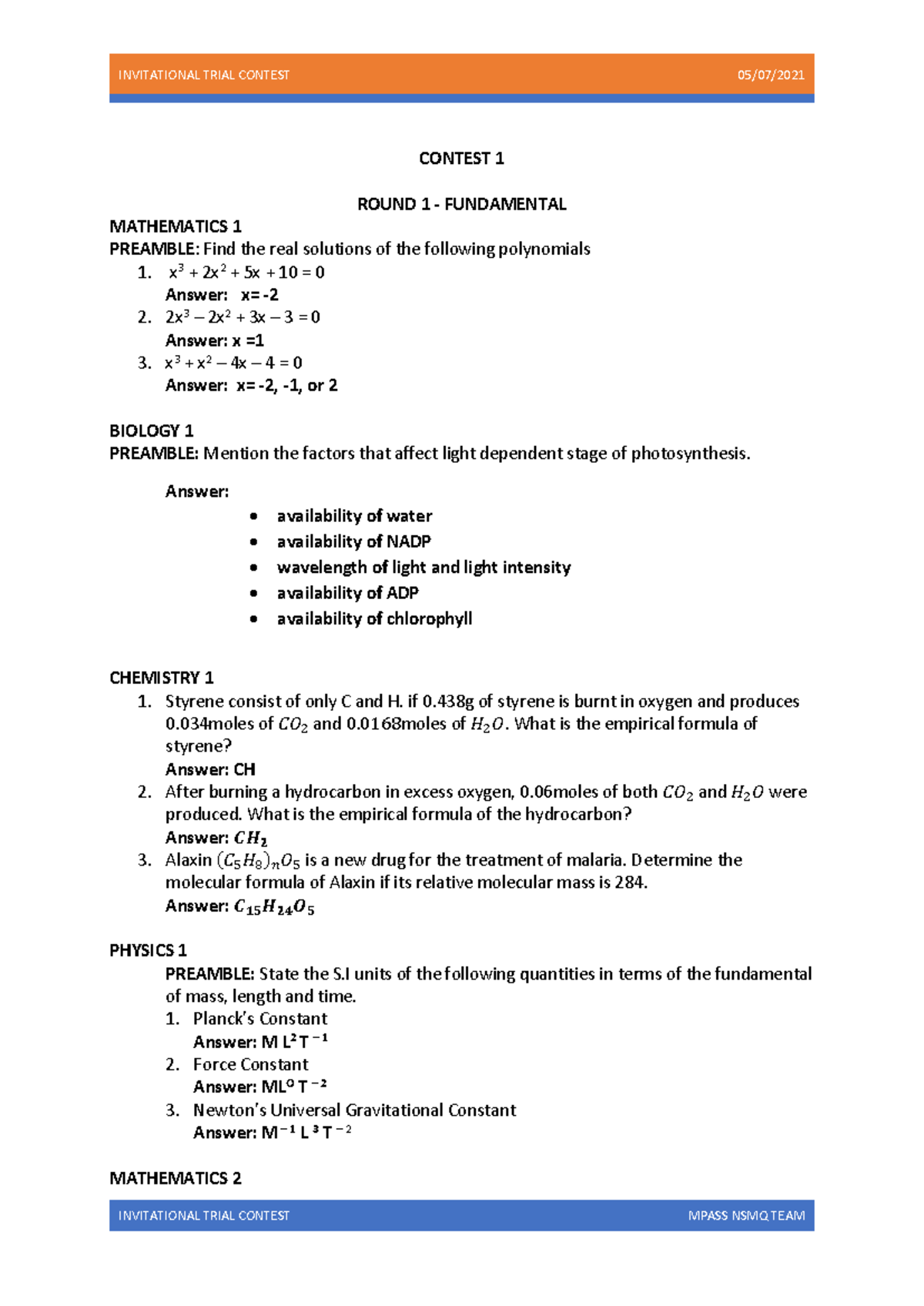 INVITATIONAL TRIAL CONTEST MPASS NSMQ TEAM - ROUND 1 FUNDAMENTAL EXAM ...