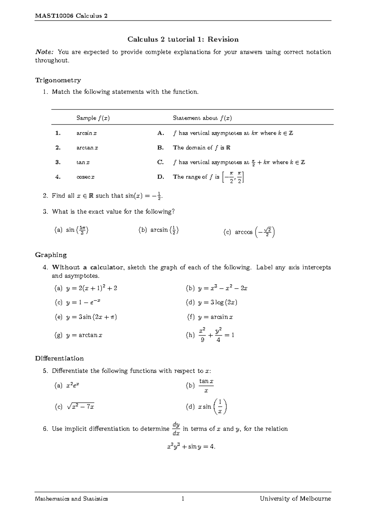 MAST10006 week 1 tutorial questions and solutions - Calculus 2 tutorial ...