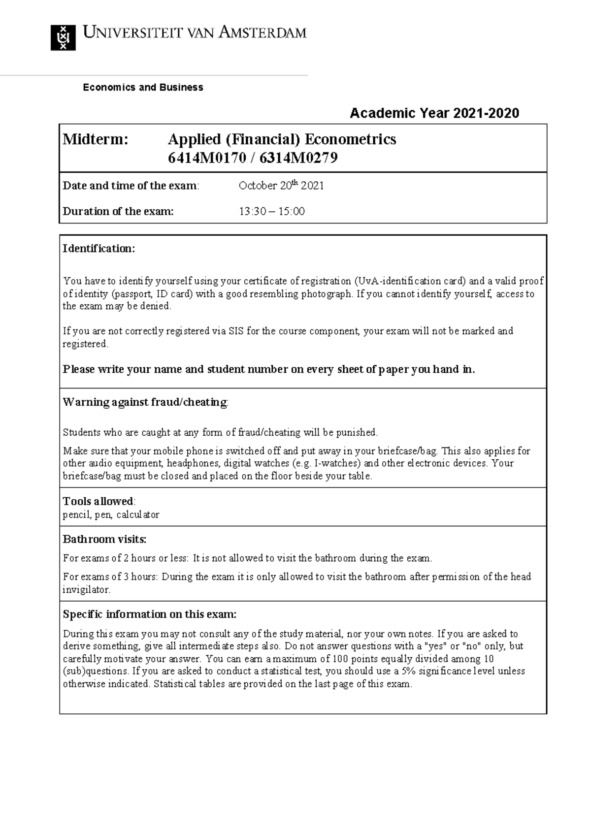 Midterm Exam Solutions for Applied Econometrics (6414M0170/6314M ...