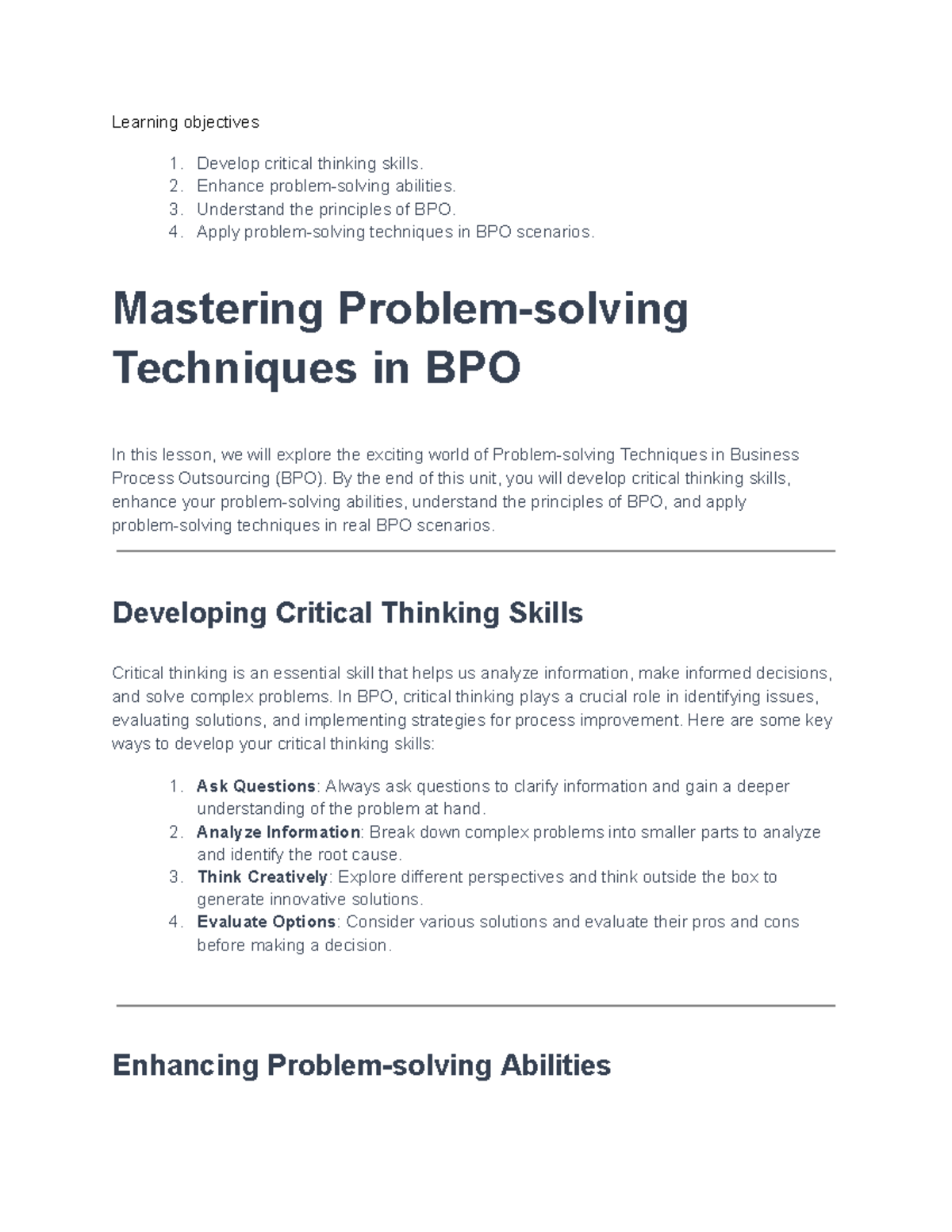 BPO1 Lesson-6: Mastering Problem-solving Techniques in BPO - Studocu
