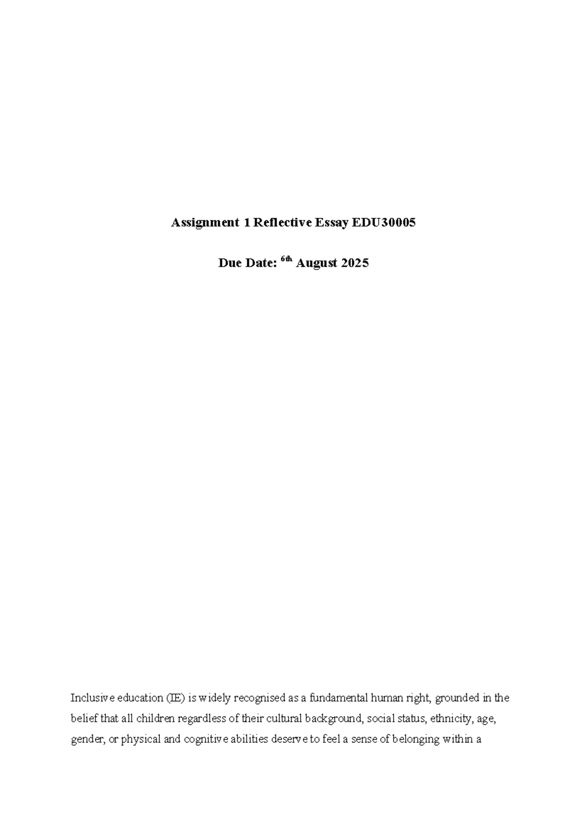EDU101: Assignment 1 Reflective Essay on Inclusive Education - Studocu