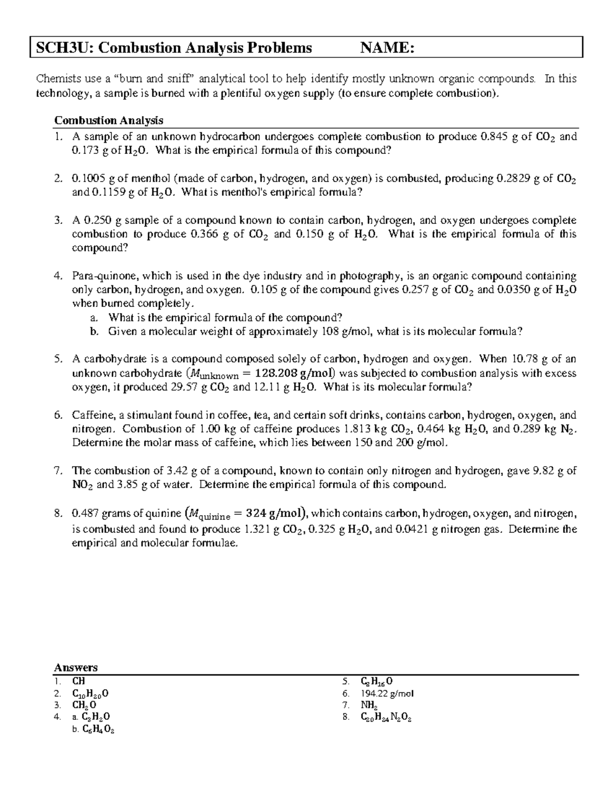 SCH3U: Combustion Analysis Problems and Empirical Formulas - Studocu