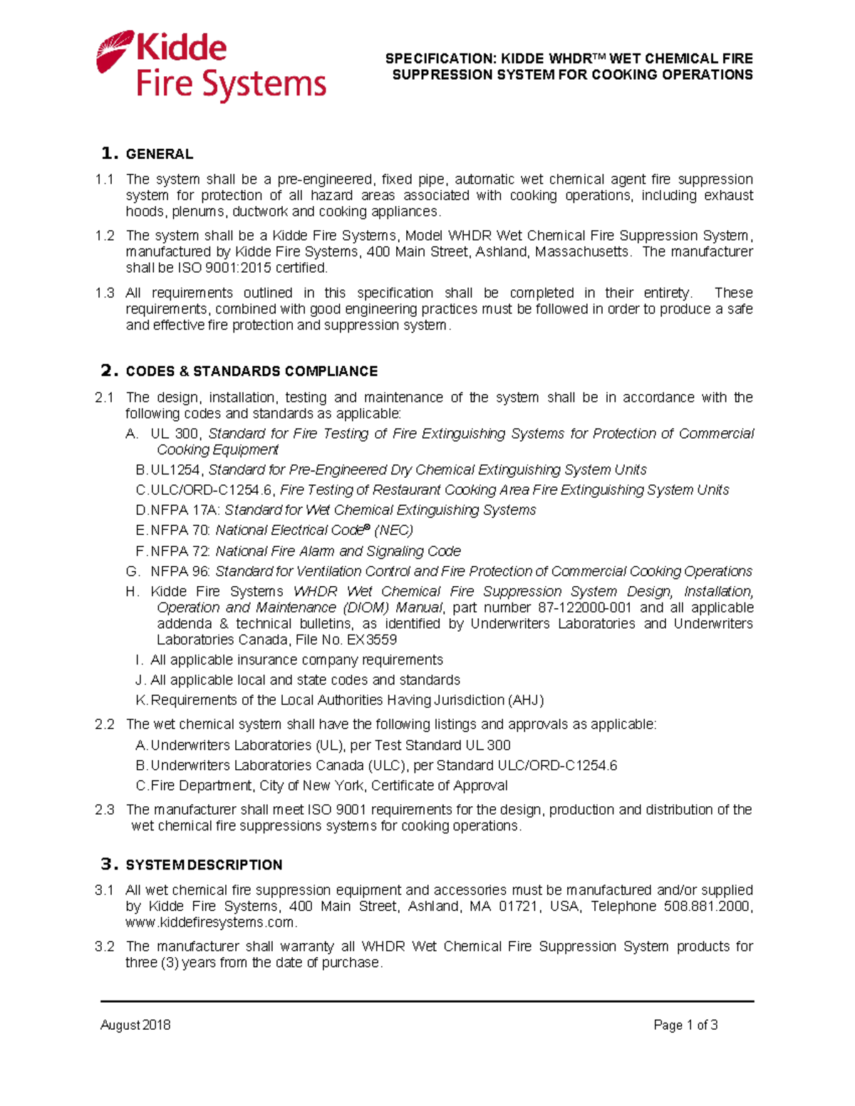 Kidde WHDR Wet Chemical Fire Suppression System Specification 2018 ...