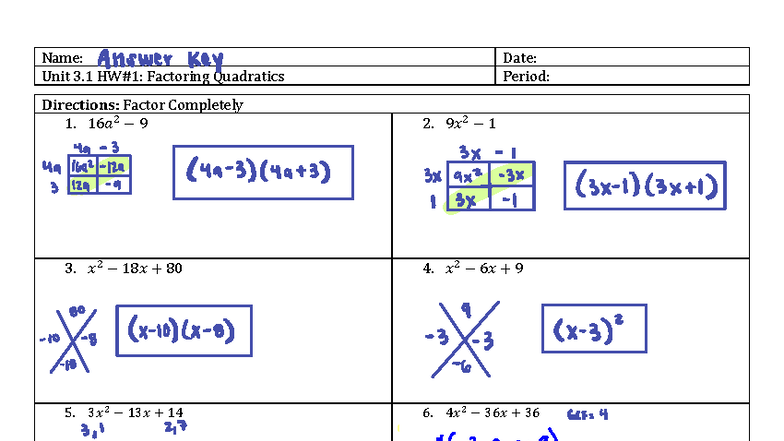 2025 U3HW - KEY: Factoring & Quadratic Functions Guide - Studocu