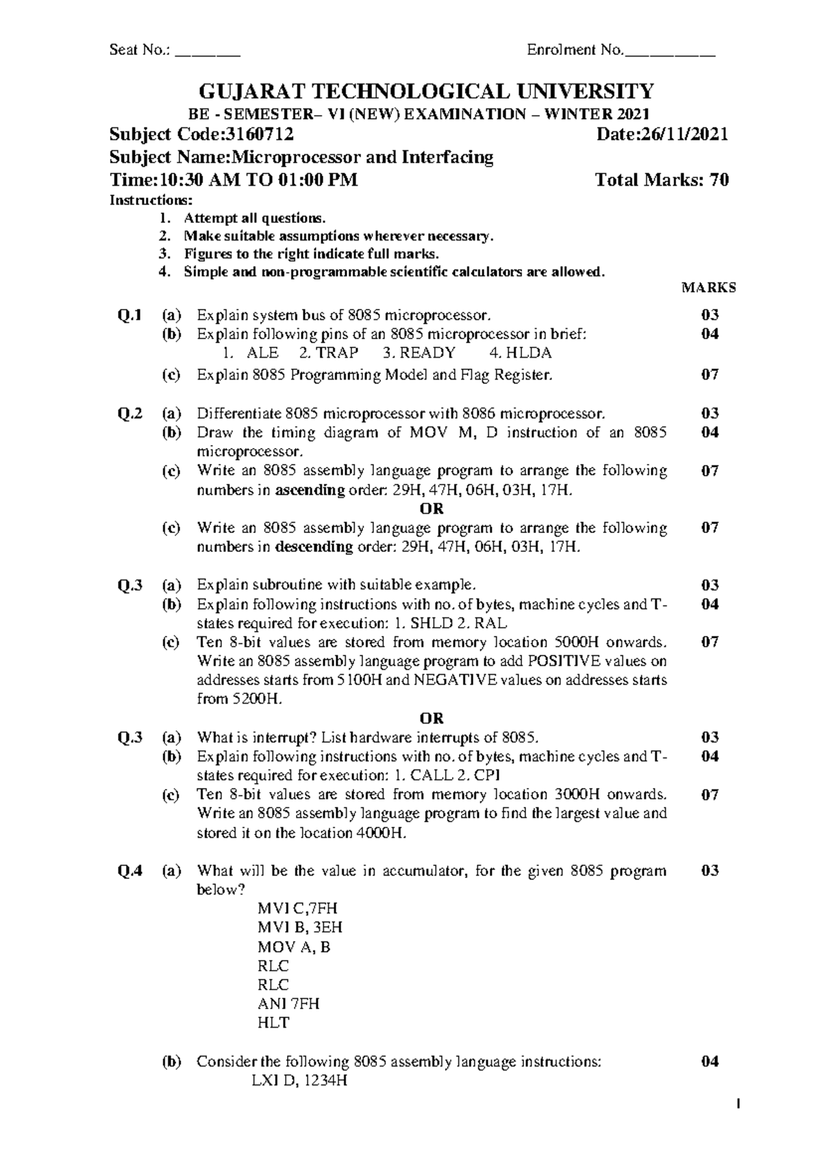 Microprocessor and Interfacing PYQs - GTU 3160712 Exam Papers - Studocu