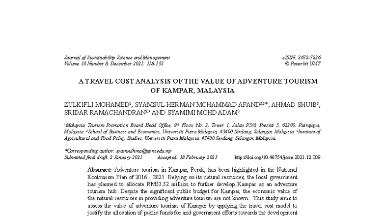 A Travel COST Analysis OF THE Value OF Adventure Tourism OF Kampar ...