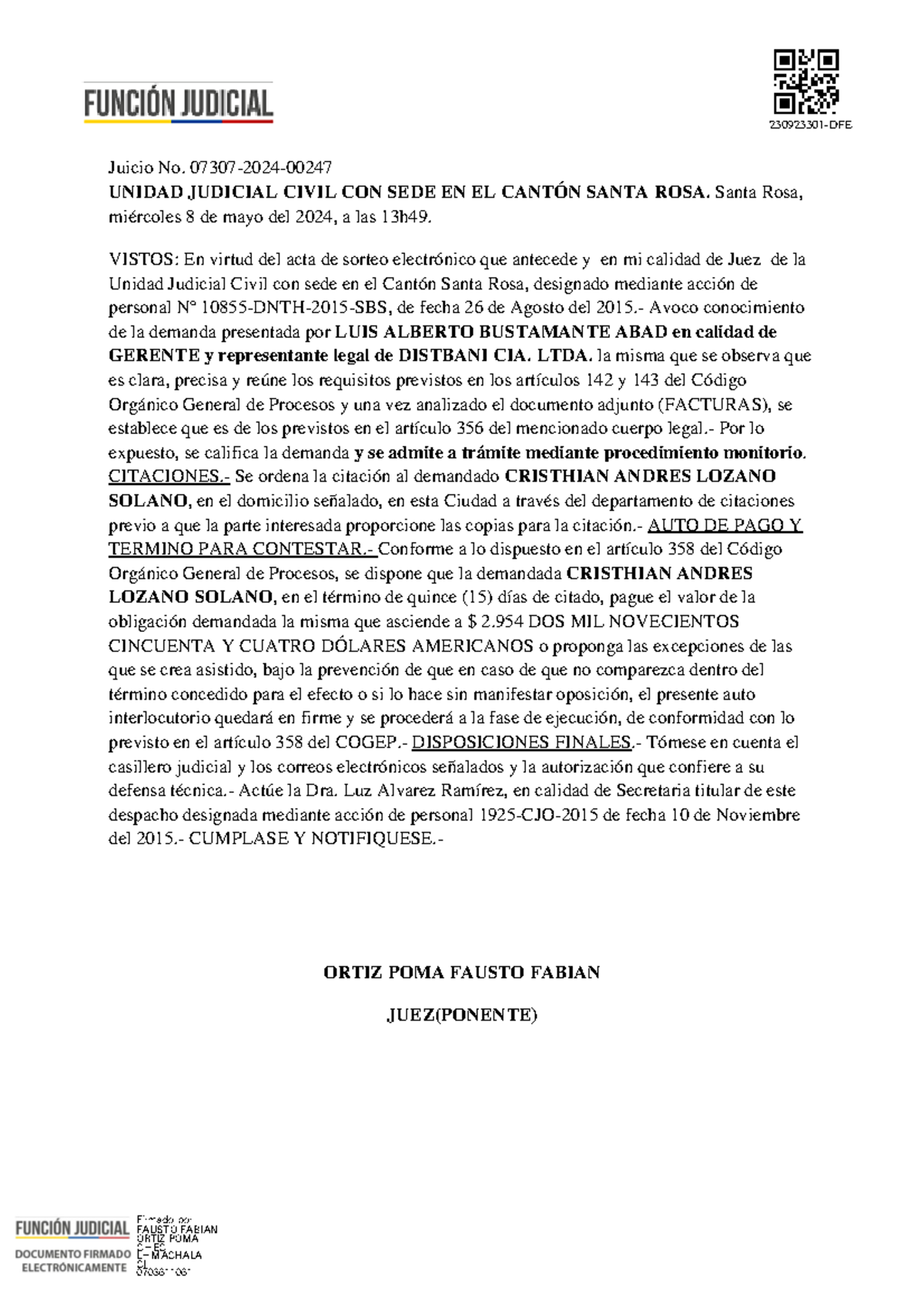 Demanda Admitida en Juicio No. 07307-2024 en Unidad Judicial Civil ...
