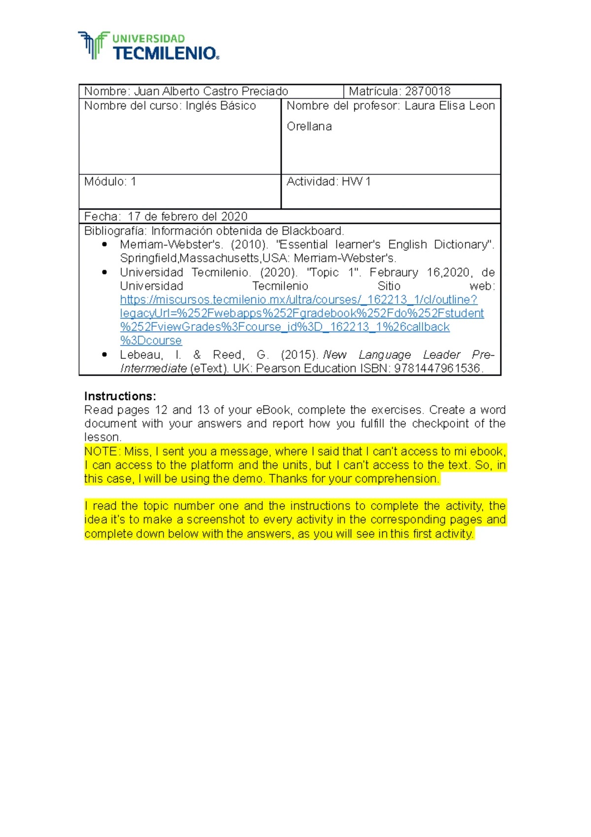 Act 6 de ingles - Apuntes 1-2-3 - Ingles basico - TecMilenio - Studocu