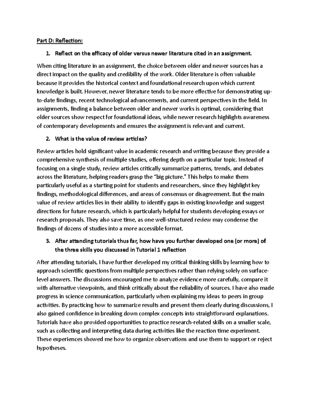 Post-Tutorial 3 Reflection on Literature Efficacy - Lifesci 2A03 - Studocu