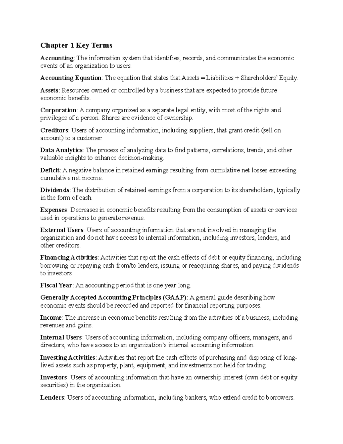 ACC101 Chapter 1 Key Terms: Understanding Basic Accounting Concepts ...