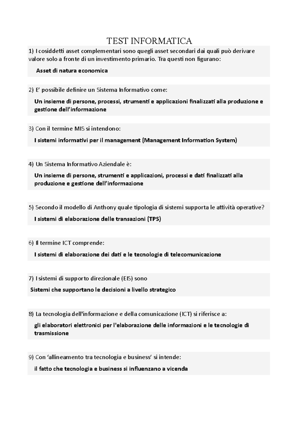 TEST INFORMATICA: Concetti Chiave e Terminologia Essenziale - Studocu