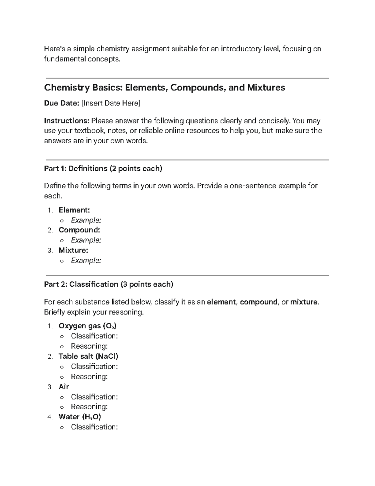Introductory Chemistry Assignment: Elements, Compounds & Mixtures - Studocu