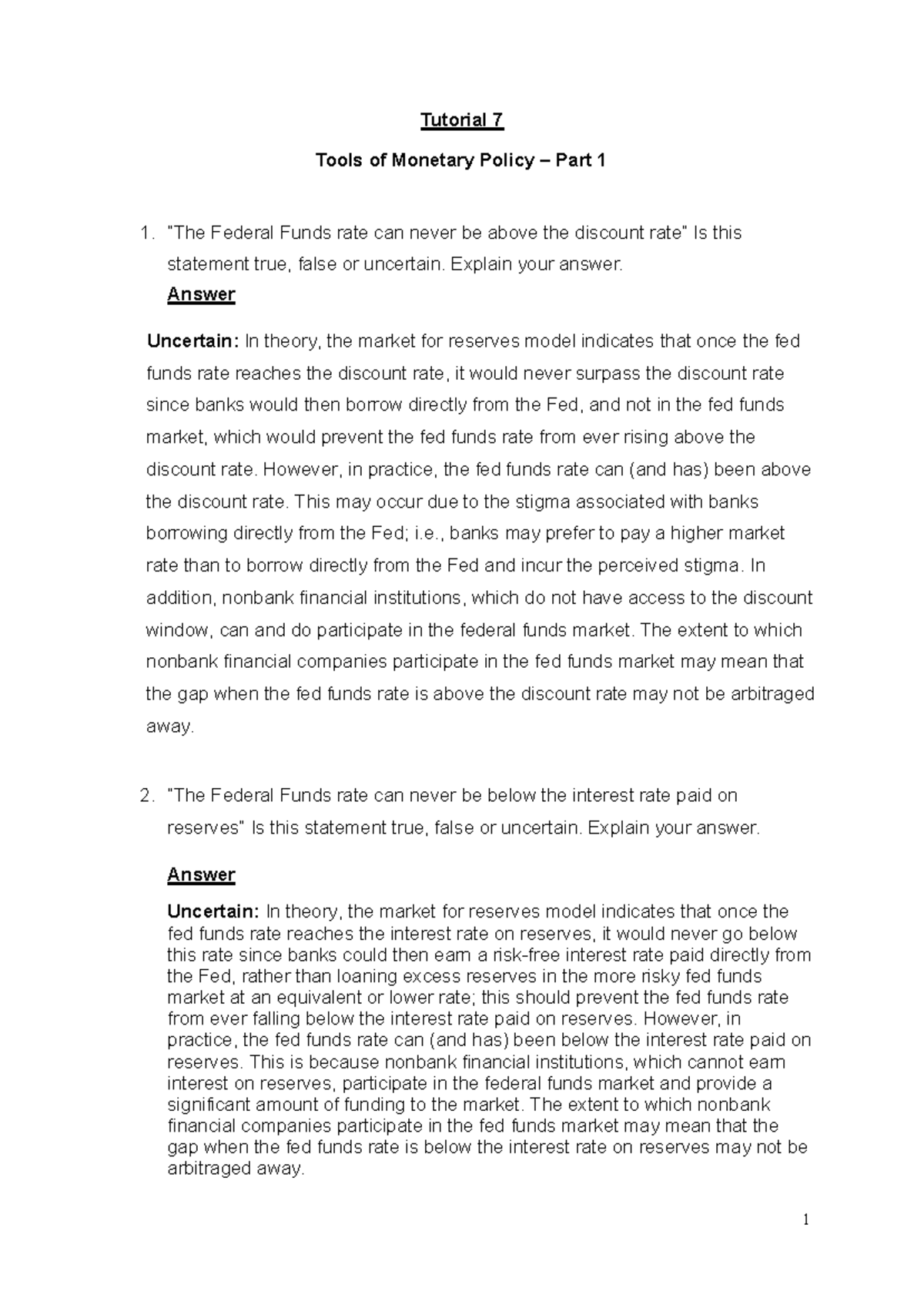 Tutorial 7 - Solutions to Monetary Policy Questions - Studocu
