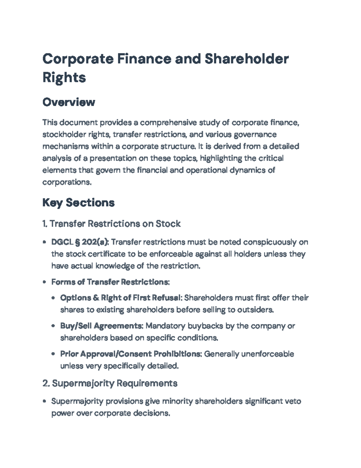Corporate Finance and Shareholder Rights Overview (Course Code: FIN401 ...