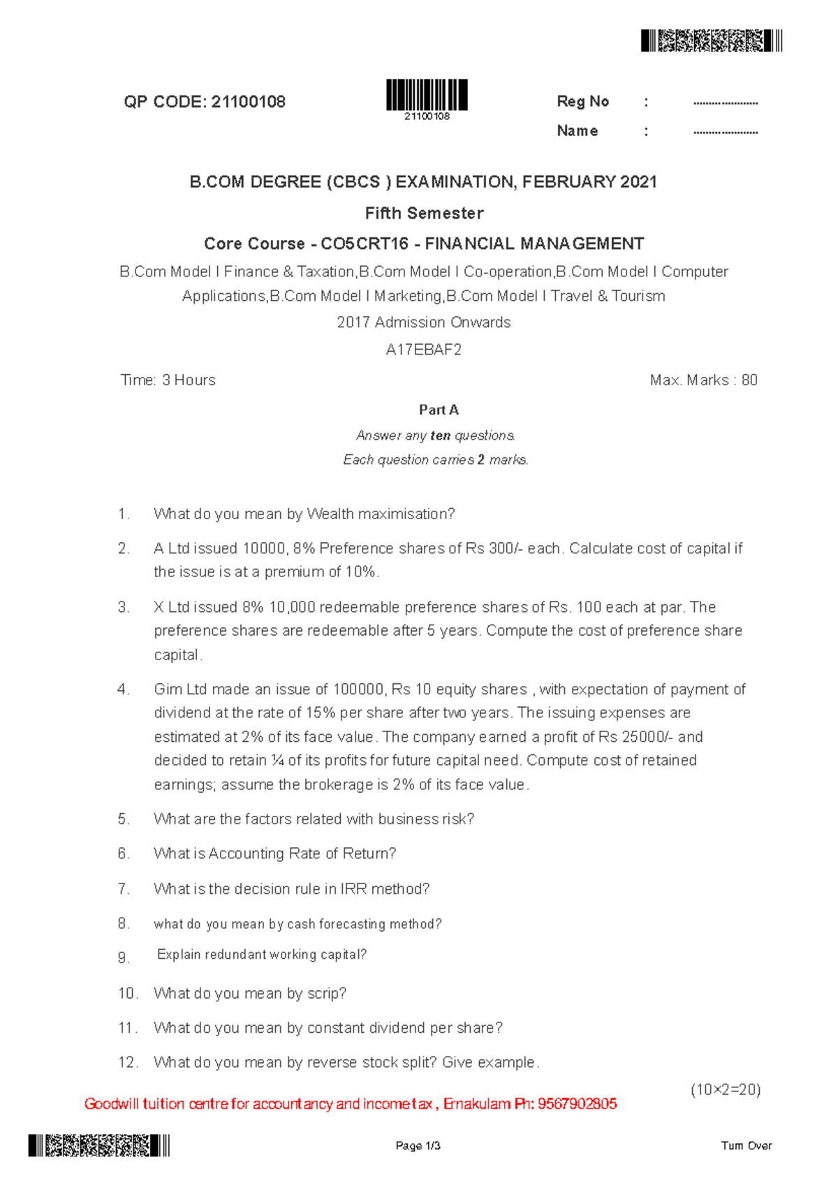 B.COM CBCS Exam QP: Feb 2021 - Core Course CO5CRT16 Financial ...