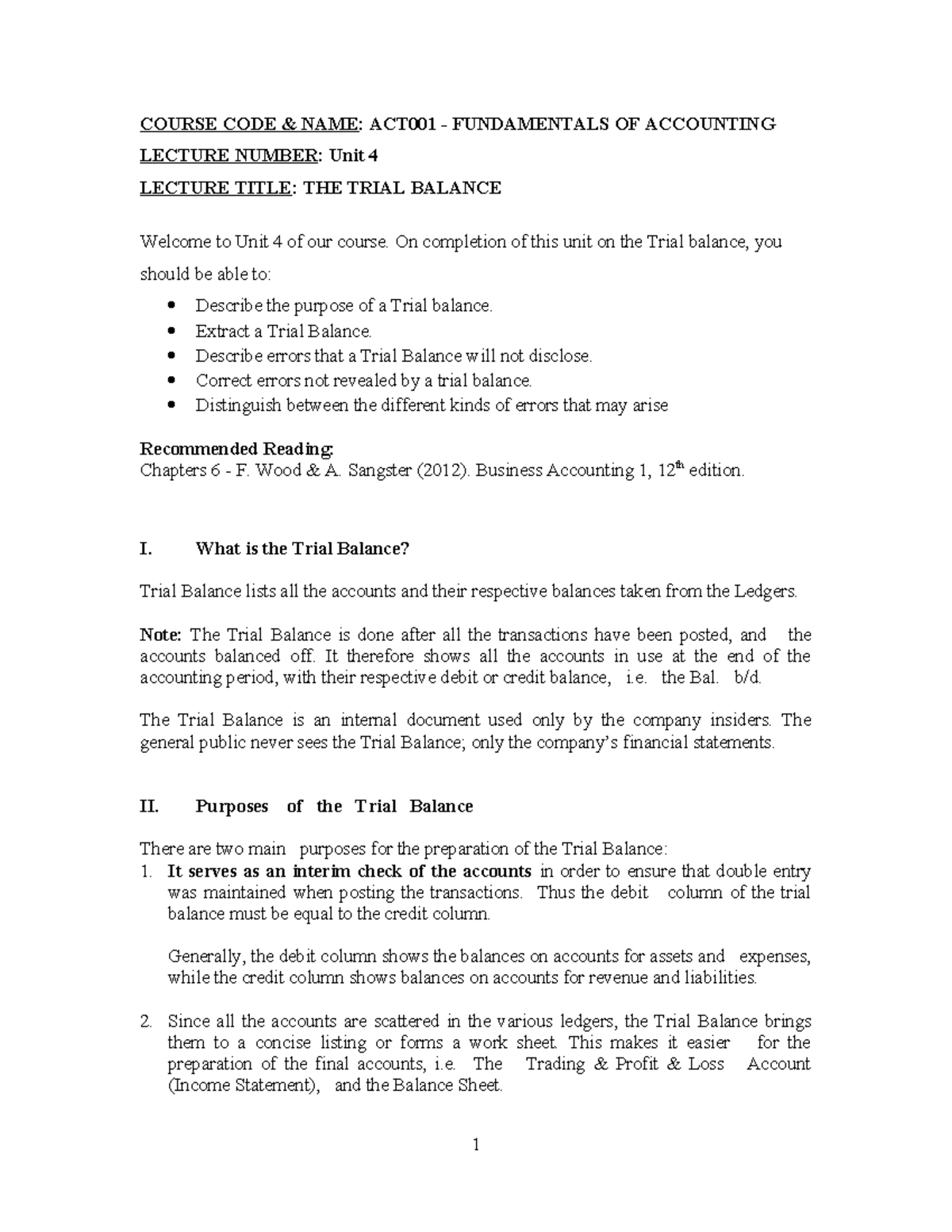 ACT001 Unit 4: Understanding the Trial Balance and Error Corrections ...