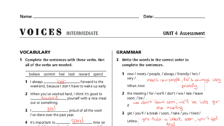 INTERMEDIATE UNIT 4 Assessment: Vocabulary & Grammar Review - Studocu
