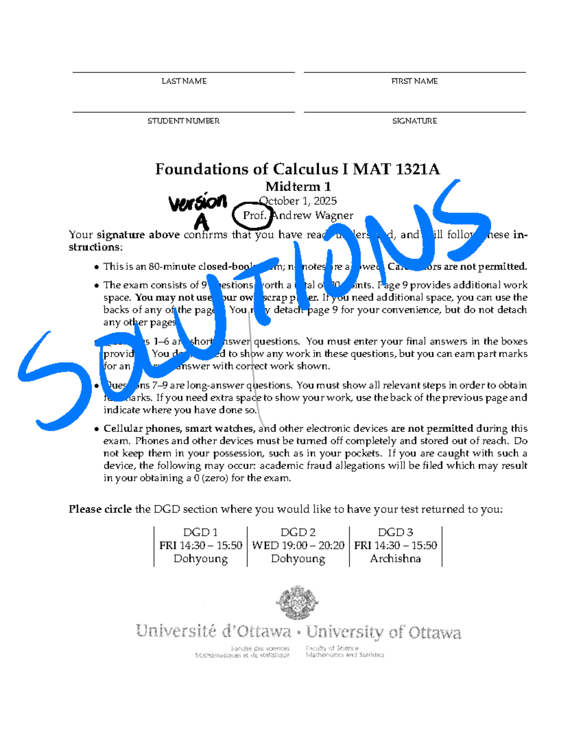 MAT 1321A Midterm 1 Exam Solutions - October 1, 2025 - Studocu