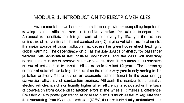 MODULE 1: Introduction to Electric Vehicles (EVs) Overview - Studocu