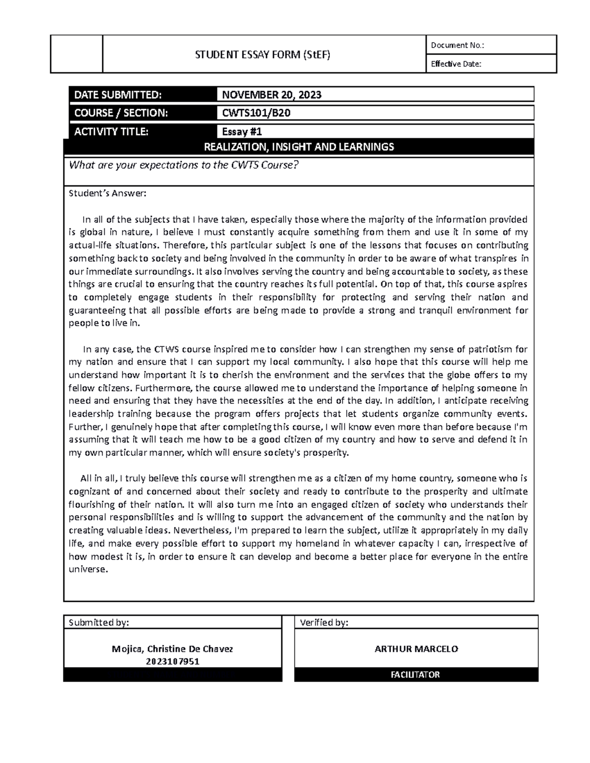 Form - CWTS101 Essay #1 - STUDENT ESSAY FORM (StEF) Document No ...