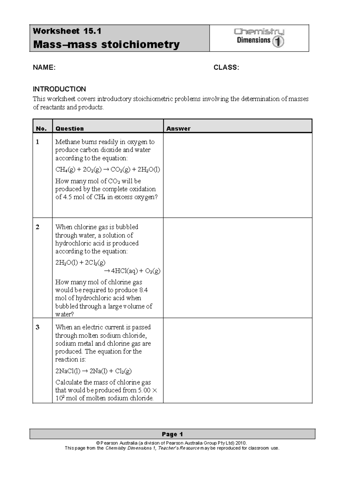 CD1 Worksheet 15.1 - Introductory Stoichiometry Problems - Studocu