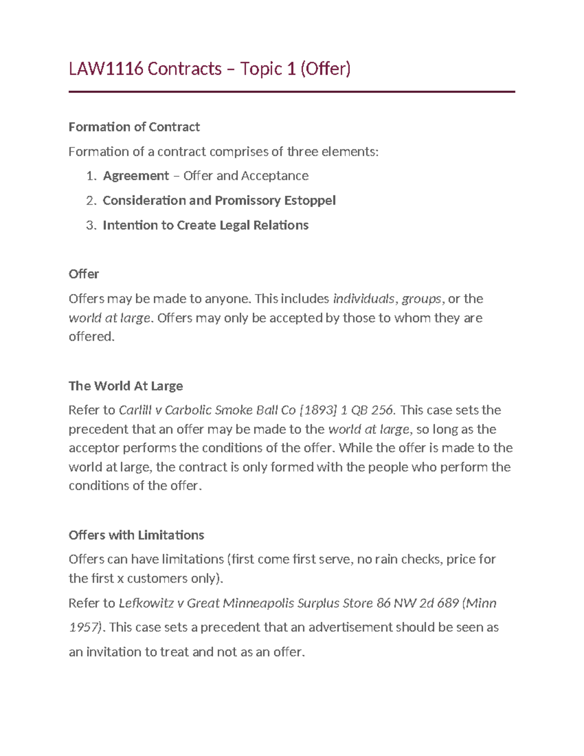 LAW1116 Final Exam Lecture Notes on Contracts (Offer) - Studocu
