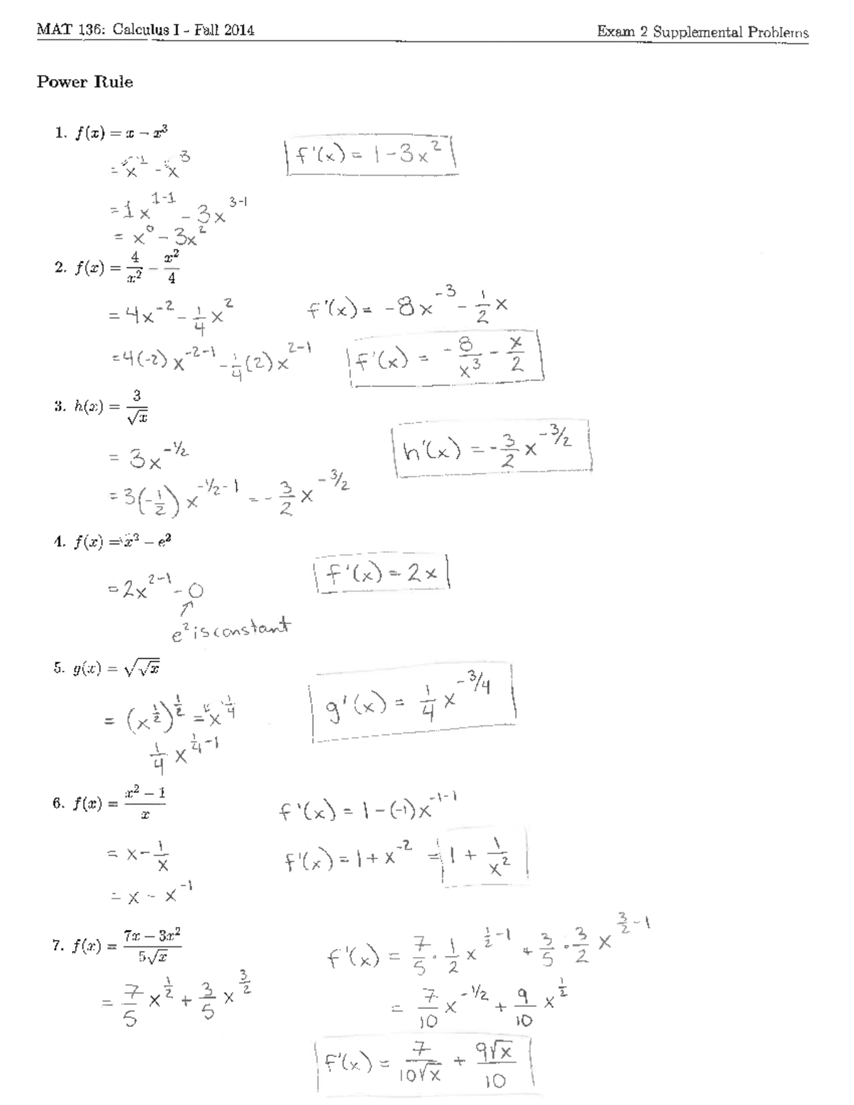 MAT 136: Calculus I Fall 2014 Exam 2 Supplemental Problems Solutions ...