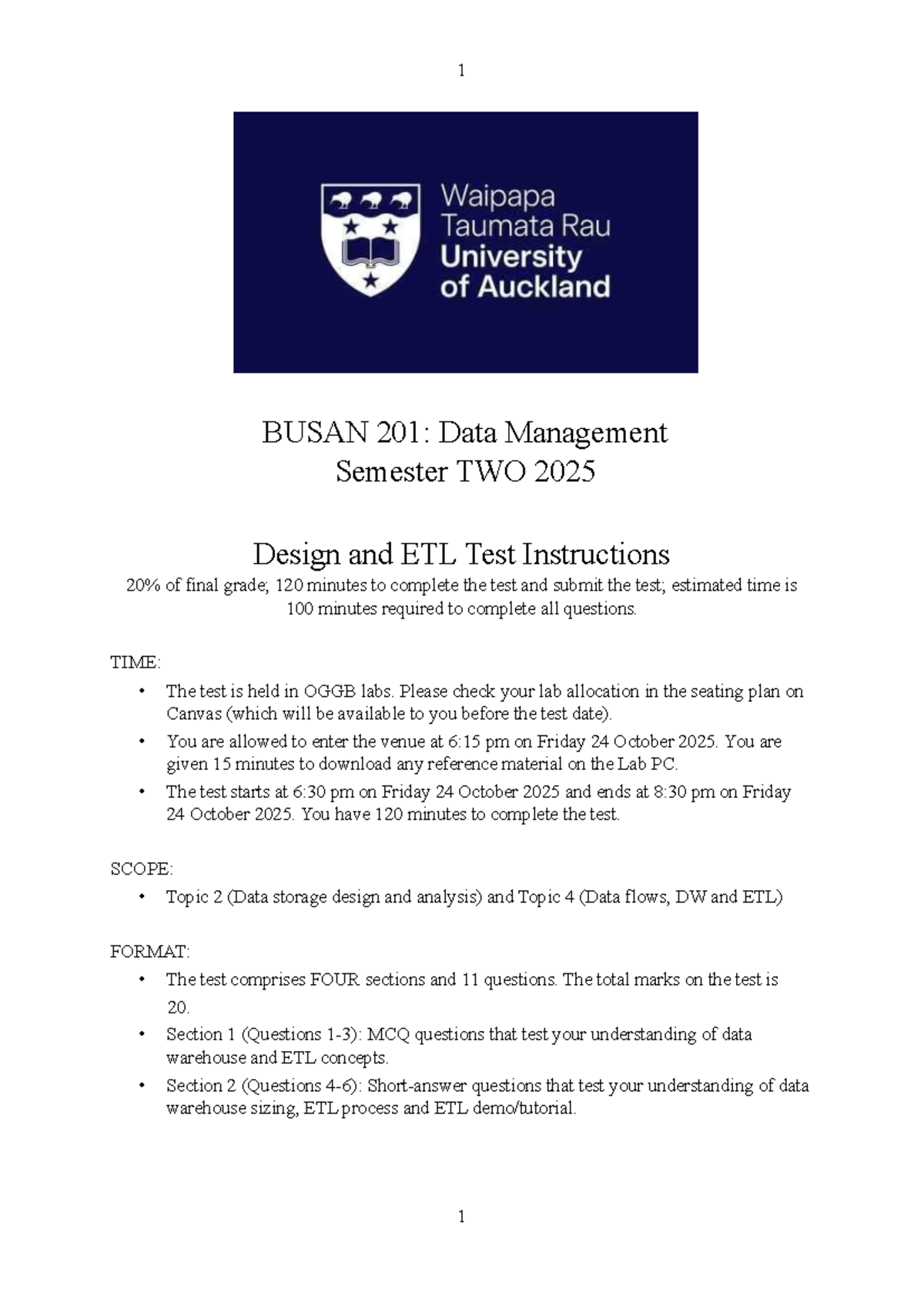 Busan 201: Data Management S2 2025 Final Test Instructions & Prep - Studocu