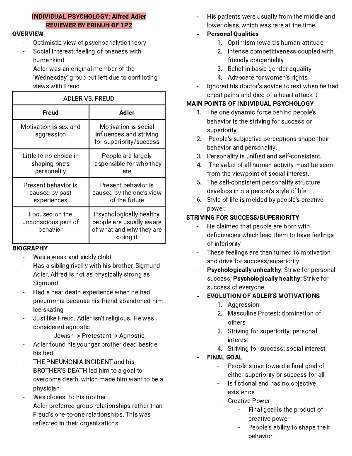 INDIVIDUAL PSYCHOLOGY: Alfred Adler - Overview & Key Concepts - Studocu