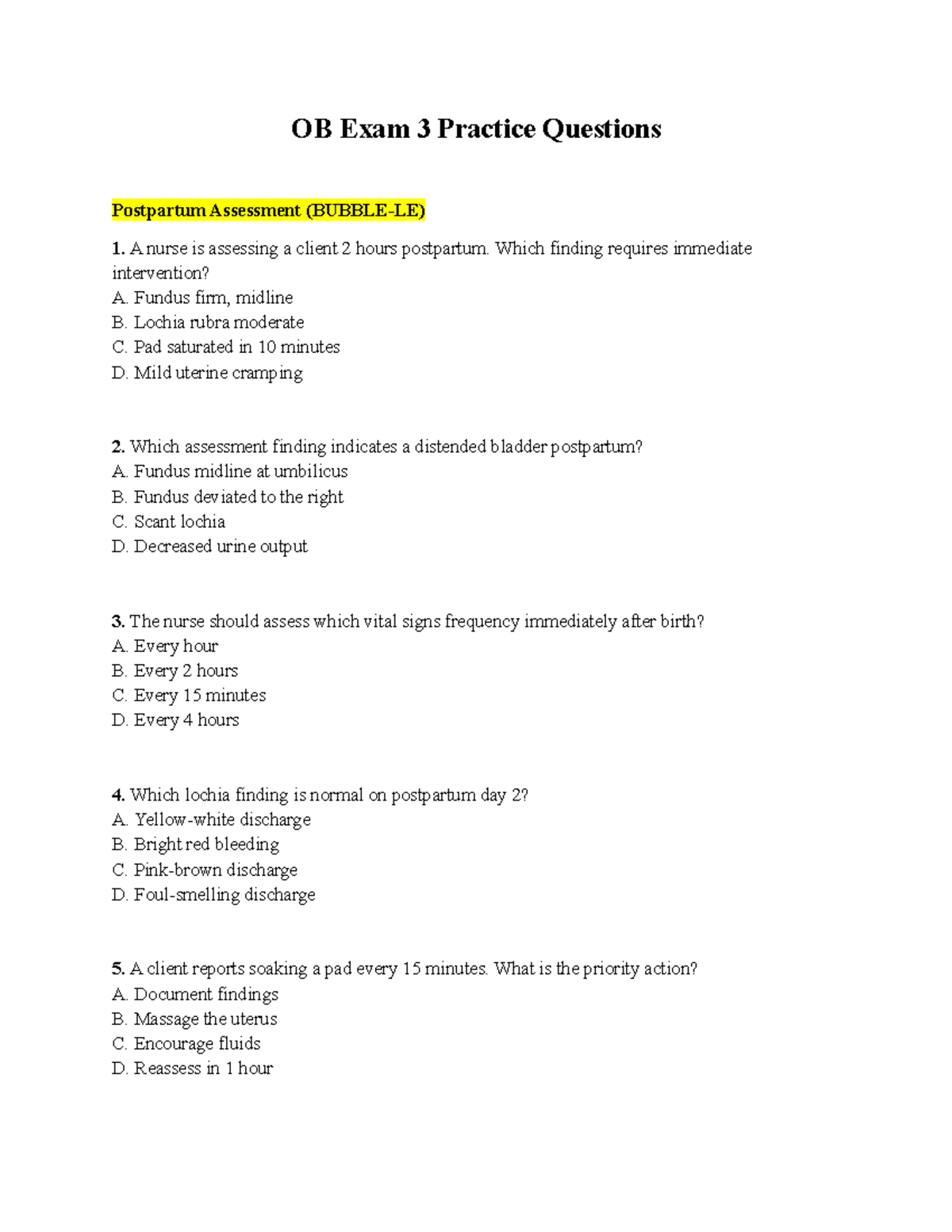 OB 3 Exam Practice: Postpartum Assessment Questions - Studocu