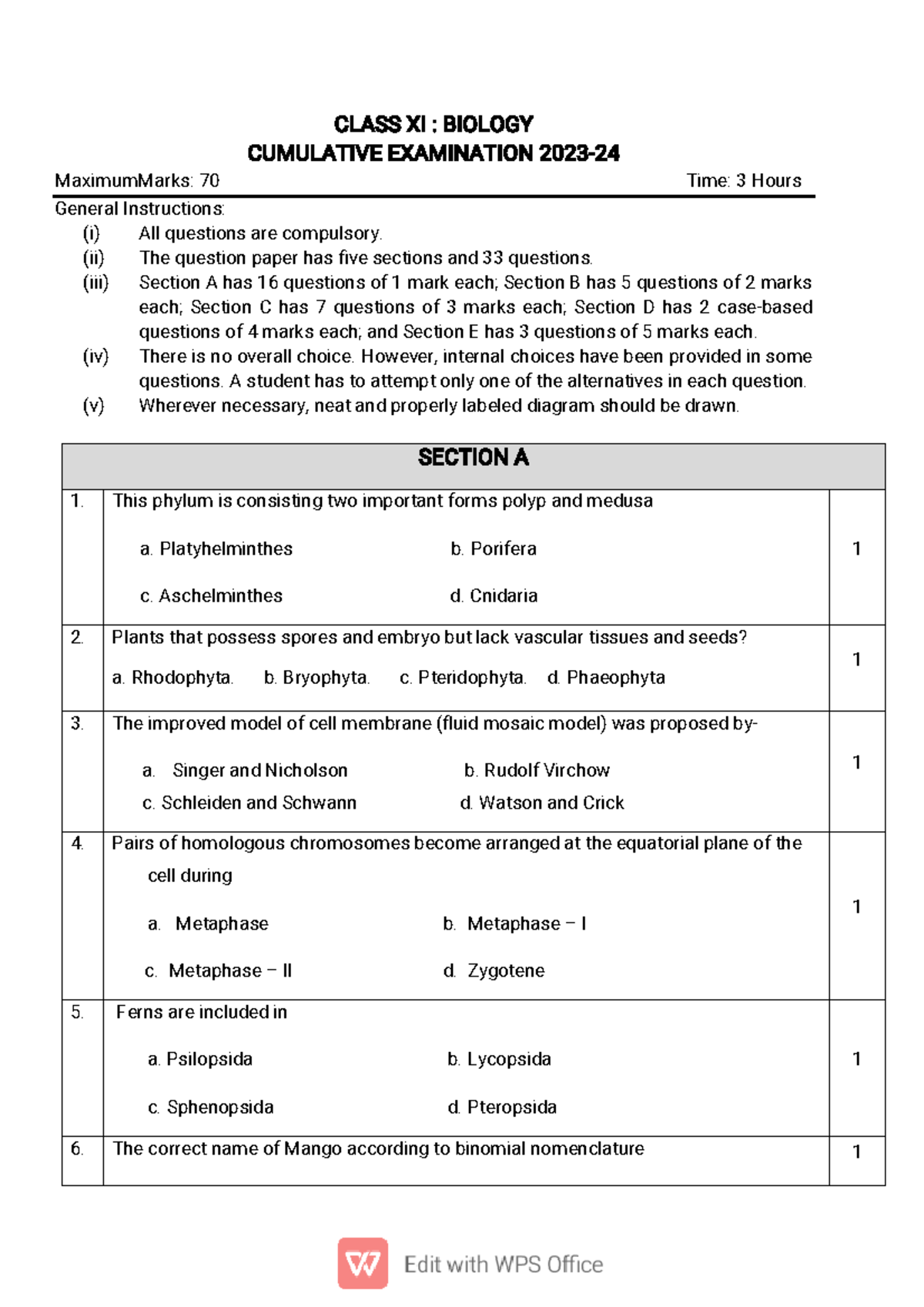 XI Biology QP - Best - CLASS XI : BIOLOGY CUMULATIVE EXAMINATION 2023 ...