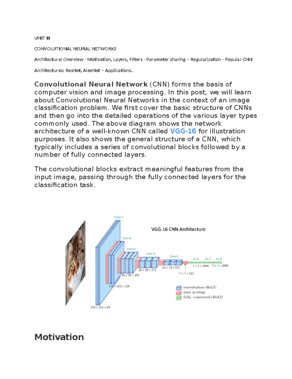 UNIT III - CNN Architecture: Overview, Layers, and Applications - Studocu