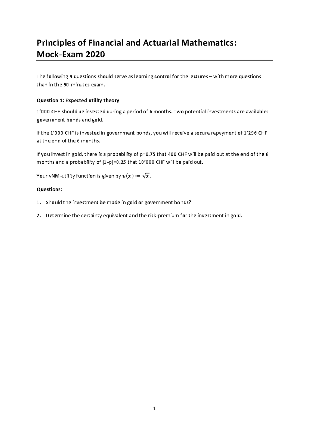 Mock Exam 2020: Principles of Financial & Actuarial Mathematics - Studocu