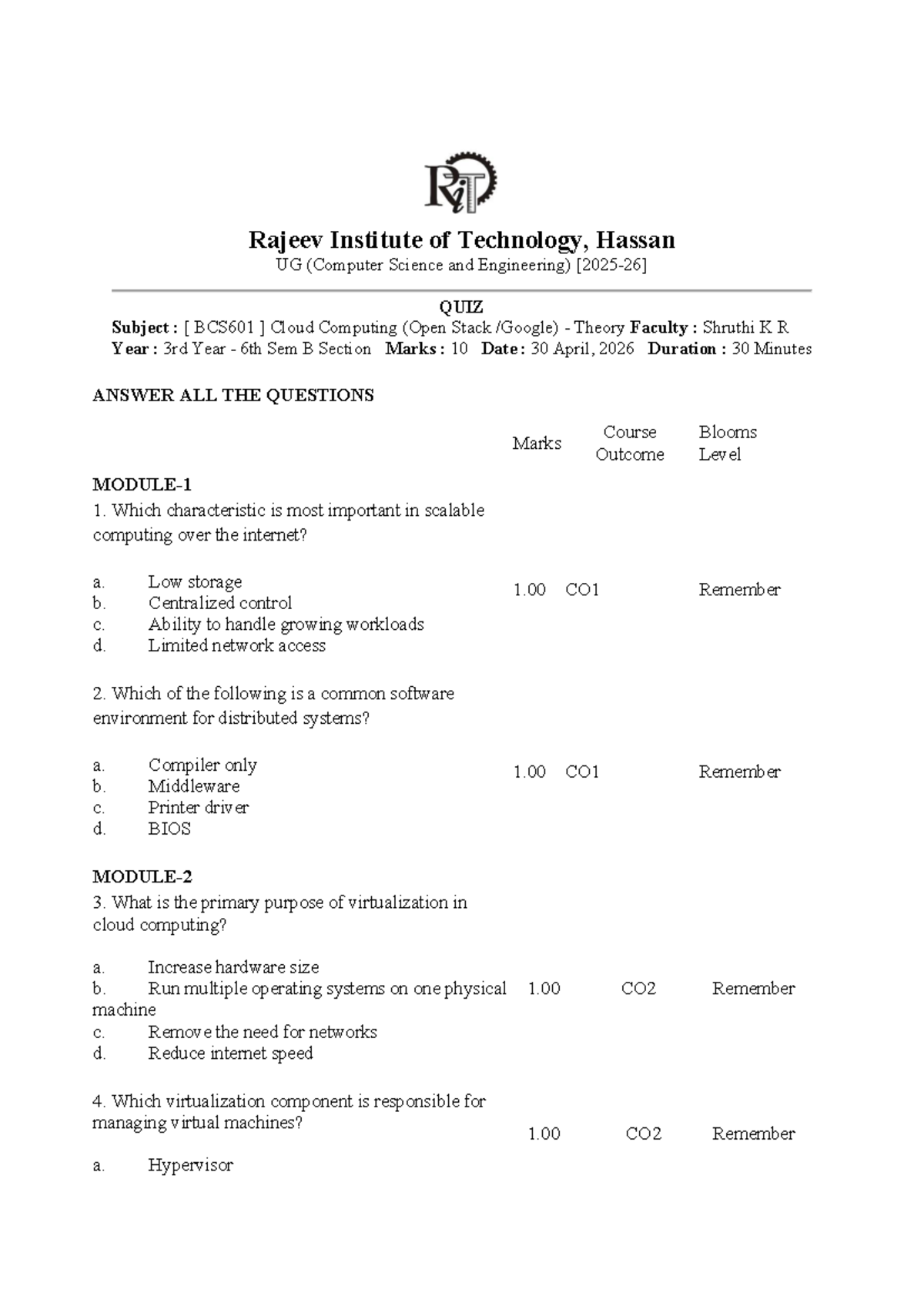 BCS601 Cloud Computing QUIZ Notes - Rajeev Institute of Tech - Studocu