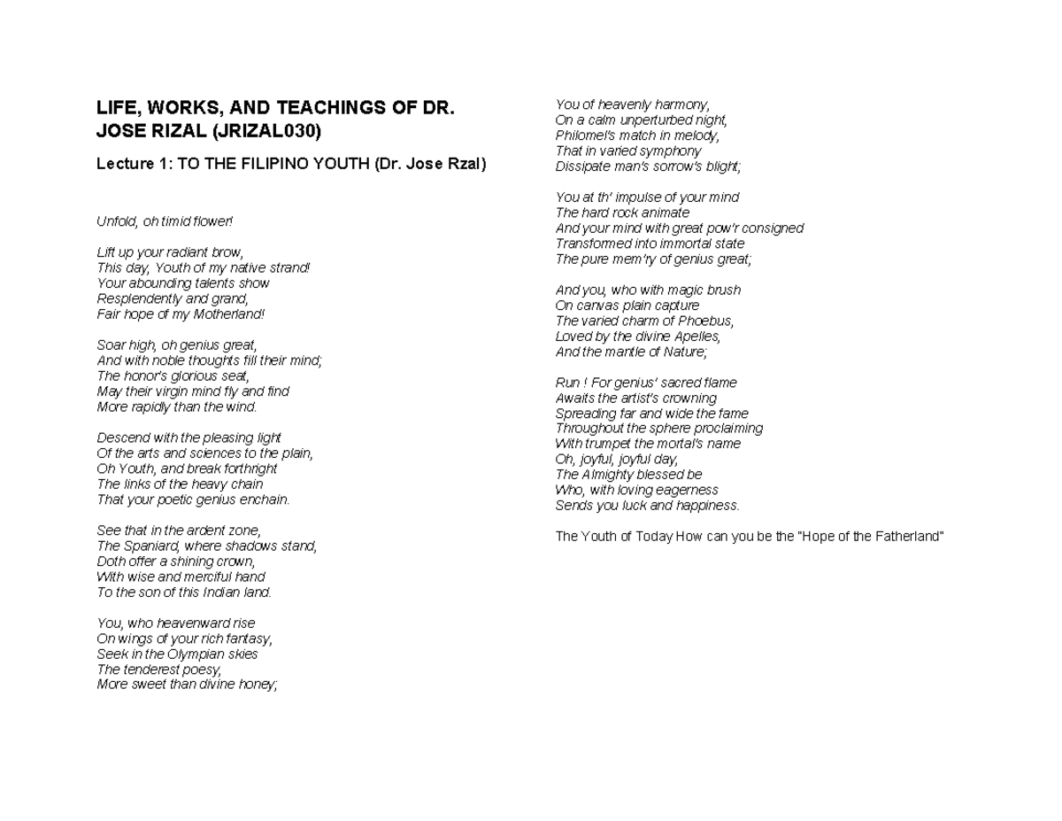LIFE, WORKS, AND TEACHINGS OF DR. JOSE RIZAL (JRIZAL030) Lecture Notes ...